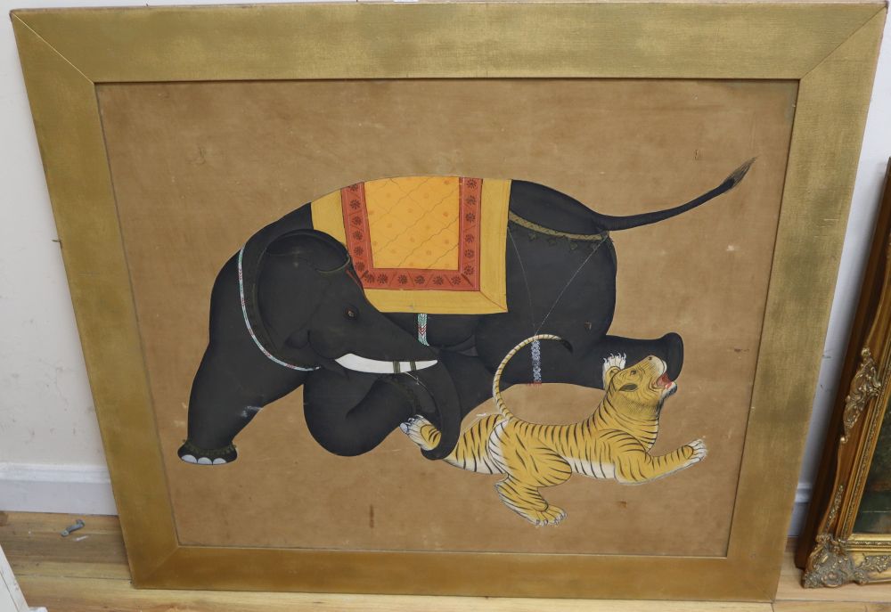 Indian School, oil on silk, Elephant attacking a tiger, 79 x 94cm